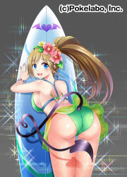 Rule 34 | 1girl, ass, bare shoulders, bent over, bikini, blue eyes, bracelet, breasts, brown hair, commentary request, copyright notice, demon tail, flower, green bikini, grey background, hair flower, hair ornament, heart, heart tail, jewelry, kuzumochi (kuzumochiya), large breasts, long hair, looking at viewer, looking back, makai gakuen catastrophe, official art, parted bangs, pink flower, ponytail, see-through, simple background, solo, surfboard, swimsuit, tail, very long hair, white flower