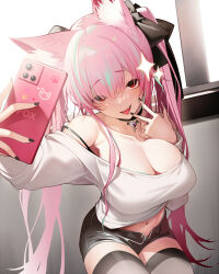 Rule 34 | 1girl, animal ear fluff, animal ears, black bow, black choker, black nails, black shorts, black thighhighs, blush, bow, bra, bra peek, breasts, cellphone, choker, cleavage, cross, english text, fox ears, fox girl, fox print, green hair, highres, large breasts, looking at viewer, multicolored hair, navel, navel piercing, nekomu, open fly, open mouth, original, panties, panty peek, paw print, phone, piercing, pink hair, red eyes, shirt, short shorts, shorts, smartphone, solo, teeth, thighhighs, tongue, tongue out, twintails, underwear, v, white shirt, window