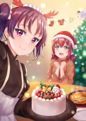 Rule 34 | 2girls, :d, black sweater, blurry, blurry background, bow, brown sweater, cake, christmas, christmas tree, closed mouth, earrings, fake antlers, food, fur-trimmed headwear, fur trim, green eyes, hair bow, hairband, hat, highres, holding, holding plate, jewelry, kazuno leah, kurosawa ruby, long hair, long sleeves, looking at viewer, love live!, love live! sunshine!!, multiple girls, open mouth, plate, purple eyes, purple hair, rama (yu-light8), red hair, red hairband, red headwear, santa hat, short hair, sitting, smile, sweater, white bow