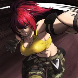 Rule 34 | 0kamiheart, 1girl, abs, absurdres, armlet, belt, biceps, breasts, camouflage, camouflage pants, cleavage, clenched hand, crop top, dog tags, gloves, hairband, highres, large breasts, leona heidern, medium breasts, muscular, muscular female, orochi leona, pants, ponytail, red eyes, red hair, signature, sleeveless, soldier, solo, tank top, the king of fighters, the king of fighters xv, twisted torso, yellow tank top