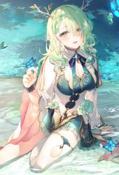 Rule 34 | 1girl, antlers, braid, branch, breasts, ceres fauna, cleavage, frilled skirt, frills, green hair, hair between eyes, highres, hololive, hololive english, horns, in water, large breasts, leaf, looking at viewer, loose clothes, mole, mole under eye, open mouth, sitting, skirt, smile, thighhighs, toosaka asagi, virtual youtuber, water, wavy hair, yellow eyes