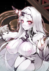 Rule 34 | 10s, 1girl, abyssal ship, breasts, bright pupils, claws, covered erect nipples, detached sleeves, dress, heart, heart-shaped pupils, highres, horns, kantai collection, large breasts, long hair, looking at viewer, pochi (pochi-goya), red eyes, ribbed dress, ribbed sweater, seaport princess, see-through, short dress, sideboob, single horn, sleeveless, sleeveless turtleneck, solo, sweater, sweater dress, symbol-shaped pupils, thighs, turtleneck, white hair