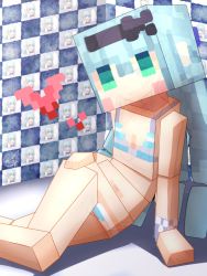 Rule 34 | 1girl, alice gear aegis, bikini, closed mouth, commentary request, doyouwantto, green eyes, hairband, hand on floor, hand on own hip, heart, long hair, minecraft, navel, ochanomizu mirie, signature, smile, solo, striped bikini, striped clothes, swimsuit