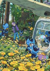 Rule 34 | 3boys, 6+others, against glass, aircraft, android 17, azhuang, bag, black hair, blue skin, blue vest, cell junior, colored skin, dragon ball, dragon ball (object), dragonball z, field, flower, flower field, forest, highres, holding, long sleeves, multiple boys, multiple others, nature, parted bangs, pink hair, short hair, sitting, son gohan (future), teeth, tree, trunks (dragon ball), trunks (future) (dragon ball), vest, wings