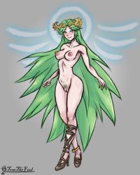 Rule 34 | 1girl, artist name, blush, breasts, cleft of venus, collarbone, curvy, green eyes, green hair, halo, highres, jewelry, kid icarus, large breasts, long hair, looking at viewer, medium breasts, nintendo, nipples, nude, palutena, perky breasts, pussy, sandals, shiny skin, solo, standing, tagme, tiara, tomthefool, uncensored, very long hair, wide hips