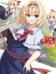 Rule 34 | 1girl, alice margatroid, apple, basket, black dress, blonde hair, blue dress, blue eyes, blush, book, bow, capelet, dress, food, fruit, hairband, highres, holding, holding basket, holding book, holding food, holding fruit, jewelry, lolita hairband, looking at another, looking at viewer, medium hair, open mouth, puffy short sleeves, puffy sleeves, red bow, remiria100, ring, shanghai doll, short sleeves, sky, smile, solo, touhou, toy, white capelet