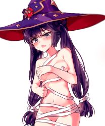 Rule 34 | 1girl, bad id, bad pixiv id, bandages, black eyes, blush, breasts, covering privates, covering chest, cowboy shot, crying, crying with eyes open, danbal, embarrassed, genshin impact, hair ornament, halloween, hat, highres, korean commentary, long hair, mona (genshin impact), naked bandage, navel, purple hair, simple background, small breasts, solo, tears, twintails, white background, witch hat