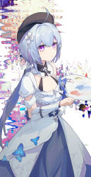 Rule 34 | 1girl, absurdres, ahoge, blue butterfly, blue hair, bug, butterfly, closed mouth, dress, expressionless, glitch, griseo, griseo (starry impression), hair ornament, hairclip, hat, highres, honkai (series), honkai impact 3rd, insect, long hair, looking at viewer, paint, paintbrush, palette (object), ponytail, purple eyes, redfish, solo, white background