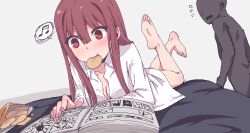 Rule 34 | 1boy, 1girl, barefoot, bed, blush, book, breasts, brown hair, chips (food), cleavage, feet, food, long hair, lying, on stomach, open clothes, open shirt, potato chips, pov, red eyes, shirt, soles, tisshuhako, toes