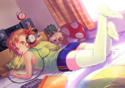 Rule 34 | 1girl, absurdres, aomusi86, ass, bad id, bad pixiv id, bed, book, brown eyes, brown hair, clock, dinosaur, food, food-themed hair ornament, food themed hair ornament, fruit, hair ornament, hairclip, headphones, highres, lying, mouth hold, mushroom, on stomach, original, pencil, short hair, shorts, side ponytail, skindentation, solo, stereo, strawberry, strawberry hair ornament, stuffed animal, stuffed toy, thighhighs, zettai ryouiki