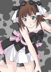 Rule 34 | 00s, 1girl, :o, amami haruka, bare shoulders, black bow, black bowtie, blunt bangs, blush, bow, bowtie, breasts, brown hair, camisole, cleavage, collarbone, cute &amp; girly (idolmaster), female focus, green eyes, hair ornament, hair ribbon, idolmaster, idolmaster (classic), idolmaster 1, itsuki sayaka, kneeling, open m/, parted lips, pleated skirt, ribbon, short hair, skirt, solo, spaghetti strap, white ribbon, white skirt