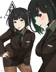 Rule 34 | 1girl, absurdres, allmind (armored core 6), armored core, armored core 6, artist name, black hair, black necktie, black skirt, blush, breasts, brown pantyhose, character name, colored inner hair, dvljoe, earrings, food, green eyes, green hair, hand on own hip, hand on own leg, highres, jewelry, leaning forward, looking at viewer, medium breasts, mole, mole under eye, mouth hold, multicolored hair, necktie, pantyhose, pencil skirt, pocky, skirt