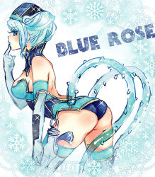 Rule 34 | 10s, 1girl, ass, backless outfit, bare back, bare shoulders, blue eyes, blue hair, blue rose (tiger &amp; bunny), blue theme, blush, breasts, character name, collar, earrings, elbow gloves, finger to mouth, gloves, gun, hat, holster, jewelry, karina lyle, kurusun, lipstick, makeup, matching hair/eyes, medium breasts, profile, short hair, solo, superhero costume, thighhighs, tiger &amp; bunny, weapon