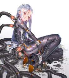 Rule 34 | 1girl, arm support, ass, belt buckle, bodysuit, buckle, cable, clothes writing, covered navel, eyebrows, eyelashes, fangxiang cuoluan, from side, full body, glowing, head tilt, high heels, leaning to the side, liquid, long hair, looking at viewer, looking away, mecha musume, original, parted lips, plugsuit, red eyes, reflection, science fiction, shoe soles, sitting, solo, unplugged, very long hair, white background