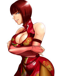 Rule 34 | 1girl, anna williams, bare shoulders, blue eyes, blunt bangs, bob cut, breasts, bridal gauntlets, brown hair, china dress, chinese clothes, cleavage, cleavage cutout, clothing cutout, crossed arms, dress, elbow gloves, gloves, grin, highres, large breasts, lips, namco, pantyhose, pleasure-treasure, see-through, see-through legwear, short hair, side slit, smile, solo, tekken