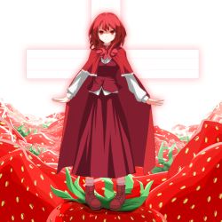 Rule 34 | 1girl, ankle boots, boots, cape, cross, food, fruit, full body, highres, in food, kugi (kugi-xiv), long sleeves, looking at viewer, mini person, minigirl, okazaki yumemi, open hands, oversized object, pigeon-toed, red eyes, red hair, red theme, ribbon, short hair, sidelocks, skirt, skirt set, smile, solo, standing, strawberry, touhou, touhou (pc-98), waistcoat, wrists extended
