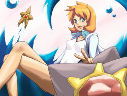 Rule 34 | 1girl, bare legs, breasts, cowboy shot, creatures (company), game freak, gen 1 pokemon, green eyes, jacket, legs, legs together, looking at viewer, misty (pokemon), nintendo, one-piece swimsuit, orange hair, pokemon, pokemon (creature), pokemon hgss, starmie, staryu, swimsuit, thighs, water, waves, white one-piece swimsuit, yassy (yasikoz2008)