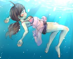 Rule 34 | 1girl, ahoge, air bubble, barefoot, blush, breasts, breath, brown hair, bubble, chidori marineblue, cleavage, dress, floating, freediving, gradient background, holding breath, light rays, long hair, original, ponytail, see-through, short dress, short shorts, shorts, sideways mouth, sketch, solo, sunbeam, sunlight, swimming, underwater