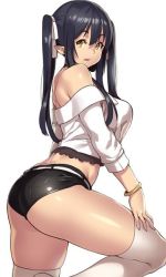 Rule 34 | 1girl, ass, bare shoulders, black hair, bracelet, breasts, elf, elf (houtengeki), from side, hair ribbon, houtengeki, jewelry, large breasts, long hair, looking at viewer, midriff, original, over-kneehighs, parted lips, pointy ears, ribbon, short shorts, shorts, solo, thighhighs, twintails, white ribbon, white thighhighs, yellow eyes