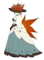 Rule 34 | 1girl, black gloves, black hat, blue dress, blue gemstone, breasts, brooch, brown hair, closed mouth, covered eyes, creatures (company), dress, earrings, flower, from side, full body, fur jacket, game freak, gem, gen 5 pokemon, gloves, hat, hat flower, hat over eyes, highres, horns, insect wings, jacket, jewelry, large breasts, nintendo, oimo kenpi, orange flower, orange wings, own hands together, personification, pleated dress, pokemon, red lips, simple background, skindentation, smile, solo, standing, updo, volcarona, white background, wings