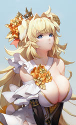 Rule 34 | 1girl, animal ears, black gloves, blonde hair, blue background, breasts, cleavage, closed mouth, commentary, crown, cu sith (destiny child), destiny child, dog ears, dress, elbow gloves, flower, gloves, hair flower, hair ornament, highres, large breasts, lassie (destiny child), light blush, long hair, looking at viewer, short sleeves, simple background, solo, upper body, v arms, very long hair, white dress, y.i. (lave2217), yellow flower