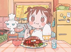 Rule 34 | 1girl, 1nupool, :3, :c, :d, :t, ^ ^, animated, animated gif, arm up, blinking, blue eyes, blush stickers, bowl, box, brown eyes, brown hair, chef hat, chewing, chopsticks, closed eyes, closed mouth, cooking, creature, cup, curtains, dishes, dog, dot nose, double bun, drink, drinking glass, eating, egg, egg (food), facing viewer, fire, fire, floral print, food, food art, food on face, food print, fried egg, frying pan, garnish, hair bun, hamburger steak, hands up, hat, holding, holding bowl, holding chopsticks, holding food, holding frying pan, ice, ice cube, indoors, jitome, kitchen, looking at another, looking at viewer, looking to the side, looping animation, magnet, meal, meat, miso soup, napkin, no eyebrows, no nose, no pupils, note, open mouth, orange print, original, oven mitts, paper, parted lips, plaid, plate, refrigerator, refrigerator magnet, rice, rice bowl, rice on face, sausage, see-through silhouette, shadow, short hair, short sleeves, sink, sitting, smile, soup, stool, stove, table, tablecloth, tako-san wiener, tareme, tiles, toque blanche, u u, upper body, vegetable, water, white headwear, window