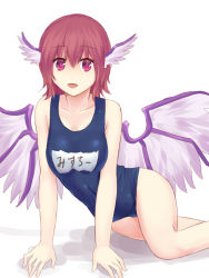 Rule 34 | 1girl, :d, alternate costume, animal ears, bad id, bad pixiv id, character name, collarbone, mystia lorelei, name tag, one-piece swimsuit, open mouth, red eyes, red hair, school swimsuit, short hair, simple background, smile, solo, swimsuit, touhou, white background, wings, yonaga (masa07240)