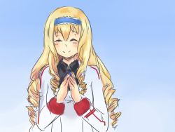 Rule 34 | 10s, 1girl, anonymous drawfag, blonde hair, cecilia alcott, closed eyes, drawfag, drill hair, fingers together, infinite stratos, long hair, simple background, solo
