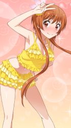 Rule 34 | 10s, 1girl, arm up, armpits, blush, breasts, brown eyes, brown hair, cleavage, collarbone, crop top, flower, frilled shorts, frills, hair flower, hair ornament, hand on own hip, leaning forward, looking at viewer, medium breasts, midriff, navel, nisekoi, shirt, short hair with long locks, short shorts, shorts, sidelocks, smile, solo, standing, stomach, tachibana marika, v, yellow flower, yellow shirt, yellow shorts