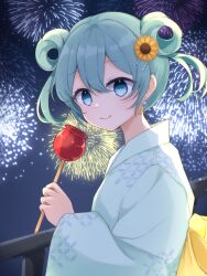 Rule 34 | 1girl, aerial fireworks, blue eyes, blue hair, blush, candy apple, commentary, double bun, earrings, fireworks, flower, food, from side, hair bun, hair flower, hair ornament, hatsune miku, highres, holding, holding food, japanese clothes, jewelry, kimono, long sleeves, looking at viewer, night, night sky, outdoors, rageno0000, railing, sky, smile, solo, summer festival, sunflower, upper body, vocaloid, wind chime earrings, yukata