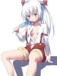Rule 34 | 1girl, bare legs, bow, breasts, brown eyes, circled 9, cleavage, female focus, fujiwara no mokou, hair bow, hand fan, hot, level.21, long hair, no bra, open clothes, open shirt, paper fan, shirt, simple background, sitting, solo, suspenders, sweat, tomboy, touhou, uchiwa, white background, white hair