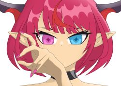 Rule 34 | 1girl, absurdres, blue eyes, choker, hand up, heterochromia, highres, hololive, hololive english, horns, irys (hololive), looking at viewer, multicolored hair, nail polish, pink nails, pointy ears, purple hair, red eyes, red hair, self-upload, short hair, simple background, solo, star-shaped pupils, star (symbol), symbol-shaped pupils, two-tone hair, virtual youtuber, white background