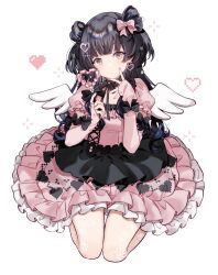 Rule 34 | 1girl, angel wings, black choker, black hair, black ribbon, blunt bangs, blush, bow, brown eyes, choker, closed mouth, collarbone, dot nose, dress, earrings, elbow gloves, fake wings, fingerless gloves, floral print, frilled dress, frills, gloves, hair ornament, hair ribbon, hairclip, heart, heart earrings, heart hair ornament, highres, holding, holding wand, idolmaster, idolmaster shiny colors, jewelry, layered dress, long hair, looking at viewer, mayuzumi fuyuko, migolu, neck ribbon, pink dress, pink gloves, pink nails, pink ribbon, pixelated, puffy short sleeves, puffy sleeves, ribbon, see-through, see-through legwear, short sleeves, sitting, solo, two side up, wand, wariza, white background, wings, wrist ribbon