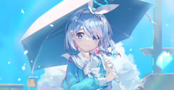 Rule 34 | 1girl, arona (blue archive), blue archive, blue eyes, blue hair, blue shirt, blue sky, closed mouth, cloud, cloudy sky, halo, headband, highres, holding, holding umbrella, long sleeves, looking at viewer, medium hair, outdoors, puropaderimu, sailor collar, shirt, sky, smile, umbrella, upper body