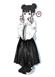 Rule 34 | 1girl, anger vein, animal, animal on shoulder, black eyes, black footwear, black hair, black skirt, blunt bangs, breasts, chinese clothes, cleavage, cleavage cutout, closed mouth, clothing cutout, commentary request, double bun, drop shadow, ear piercing, earrings, full body, hair bun, hands in opposite sleeves, highres, jewelry, jitome, long skirt, long sleeves, medium breasts, nao97122, nike (company), original, piercing, pleated skirt, shirt, shoes, short hair, sidelocks, simple background, skirt, sneakers, solo, speech bubble, spoken anger vein, standing, v-shaped eyebrows, white background, white shirt, wide sleeves