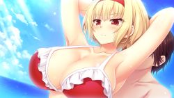 Rule 34 | 1girl, armpits, arms behind head, arms up, bare arms, bare shoulders, bikini, bikini top only, blonde hair, blush, breasts, cleavage, closed mouth, cloud, day, frills, game cg, hairband, highres, large breasts, looking at viewer, lucia of end, medium hair, nora to oujo to noraneko heart 2, ocean, oozora itsuki, original, outdoors, red bikini, red eyes, solo focus, sunlight, sweat, swimsuit, upper body, water