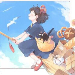Rule 34 | 1girl, ^ ^, animal, bad source, bag, bird, blue dress, bow, box, bread, broom, broom riding, brown hair, cat, closed eyes, cloud, commentary, dress, fairyapple, food, full body, hair bow, jiji (majo no takkyuubin), kiki (majo no takkyuubin), majo no takkyuubin, messenger bag, profile, red bow, red footwear, seagull, short hair, shoulder bag, sky, symbol-only commentary