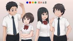 Rule 34 | 2boys, 2girls, arm up, belt, black hair, black neckwear, black pants, bow, bowtie, breast pocket, brown eyes, brown hair, collared shirt, diagonal-striped bow, diagonal-striped bowtie, diagonal-striped clothes, diagonal-striped necktie, expressionless, glasses, green eyes, grey background, height difference, long hair, multiple boys, multiple girls, necktie, open mouth, original, pants, pocket, purple eyes, red bow, red bowtie, shirt, shirt tucked in, short hair, short sleeves, striped bow, striped bowtie, striped clothes, striped neckwear, upper body, white shirt, yajirushi (chanoma)