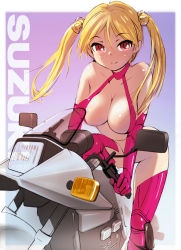 Rule 34 | 10s, 1girl, bakuon!!, bell, blonde hair, boots, elbow gloves, gloves, hair bell, hair ornament, motor vehicle, motorcycle, onsen tengoku, solo, suzunoki rin, thigh boots, thighhighs, twintails, vehicle