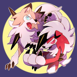 Rule 34 | blue eyes, creatures (company), game freak, gen 7 pokemon, liliao yi, lycanroc, lycanroc (midday), lycanroc (midnight), nintendo, no humans, open mouth, pokemon, pokemon (creature), pokemon sm, purple background, red eyes, tail, teeth, wolf tail