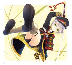 Rule 34 | 10s, 1boy, :&lt;, black footwear, blush, closed mouth, foreshortening, goma (11zihisin), green eyes, grey socks, hat, holding, holding sword, holding weapon, hotarumaru, japanese clothes, long sleeves, looking at viewer, male focus, military, military uniform, ootachi, peaked cap, short hair, short shorts, shorts, silver hair, socks, sword, touken ranbu, uniform, weapon