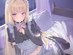 Rule 34 | 1girl, bed sheet, black choker, black gloves, black pantyhose, blonde hair, blush, bow, bowtie, breasts, bridal gauntlets, choker, closed mouth, commentary request, curtains, elbow gloves, gloves, hair ornament, hairclip, hanamaru tsubaki, hand up, highres, large breasts, long hair, looking at viewer, maid, maid headdress, midriff, mole, mole under eye, navel, official art, on bed, original, pantyhose, pillow, pink bow, pink bowtie, puffy short sleeves, puffy sleeves, purple eyes, short sleeves, sitting, solo, tearing up, very long hair