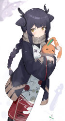 Rule 34 | 1girl, absurdres, arm wrap, black hair, braid, braided ponytail, brown eyes, brown scarf, closed mouth, cone hair bun, copyright request, double bun, feather hair ornament, feathers, floral print, hair bun, hair ornament, haori, haruteru, highres, holding, holding toy, japanese clothes, kimono, light blush, long hair, long sleeves, looking at viewer, print kimono, scarf, sidelocks, solo, standing, stuffed toy, toy, white background, white kimono