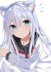 Rule 34 | 1girl, absurdres, anchor symbol, animal ear fluff, animal ears, black sailor collar, blue eyes, blush, cat ears, closed mouth, fathom, hair between eyes, hibiki (kancolle), highres, kantai collection, kemonomimi mode, long hair, long sleeves, looking at viewer, neckerchief, no headwear, notice lines, red neckerchief, sailor collar, school uniform, serafuku, simple background, solo, upper body, white background, white hair