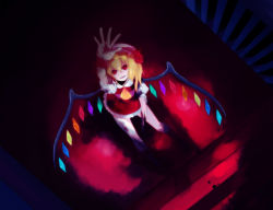 Rule 34 | 1girl, ascot, bad id, bad pixiv id, blonde hair, blood, female focus, flandre scarlet, harano, hat, looking at viewer, mob cap, reaching, red eyes, solo, stairs, touhou, wings