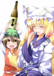 Rule 34 | 2girls, animal hat, arms up, blonde hair, bottle, bow, brown eyes, brown hair, chen, closed eyes, dress, fox tail, hat, hat with ears, hiro (pqtks113), long sleeves, mob cap, multiple girls, multiple tails, open mouth, mob cap, sake bottle, tabard, tail, touhou, white dress, wide sleeves, yakumo ran