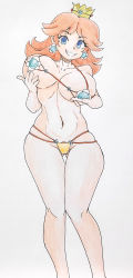 Rule 34 | 1girl, absurdres, alternate breast size, bikini, blue eyes, grabbing another&#039;s breast, breasts, brown hair, gaixas1, grabbing, grabbing own breast, grin, highres, large breasts, legs, looking at viewer, mario (series), micro bikini, navel, nintendo, princess, princess daisy, short hair, smile, solo, super mario land, swimsuit, thighs, toned, traditional media