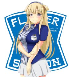 Rule 34 | 1girl, blonde hair, blue shirt, blush, breasts, character name, cowboy shot, double bun, emblem, employee uniform, fletcher (kancolle), hair bun, hairband, highres, id card, kantai collection, large breasts, lawson, long hair, montemasa, name tag, one-hour drawing challenge, purple eyes, shirt, short sleeves, skirt, smile, solo, striped clothes, striped shirt, uniform, vertical-striped clothes, vertical-striped shirt, white background, white skirt