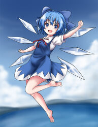 Rule 34 | 1girl, :d, barefoot, blue bow, blue dress, blue eyes, blue hair, blue sky, bow, cirno, clenched hand, cloud, collared shirt, commentary request, detached wings, dress, full body, hair bow, highres, ice, ice wings, looking at viewer, matelia, open mouth, outdoors, pinafore dress, shirt, short hair, short sleeves, sky, sleeveless, sleeveless dress, smile, solo, touhou, white shirt, wings