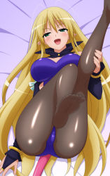 Rule 34 | 1girl, absurdres, antenna hair, ass, bare shoulders, bed sheet, black pantyhose, blonde hair, blush, breasts, bridal gauntlets, demon girl, fang, feet, green eyes, highres, large breasts, leg lift, leotard, long hair, lotte no omocha!, lying, mercelida ygvar, mature female, no shoes, on back, open mouth, pantyhose, pink tail, pointy ears, slit pupils, smile, soles, solo, sugimura tomokazu, tail, toes